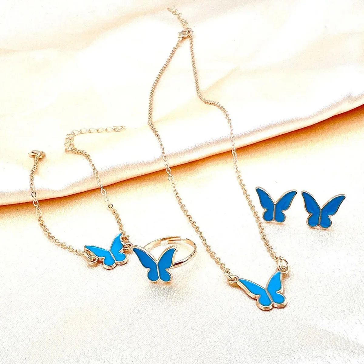 5PCS Enamel Colorful Butterfly Pendant Necklace for Women Girls Wedding Party Jewelry Set Chain Bracelet Stud Earrings Ring