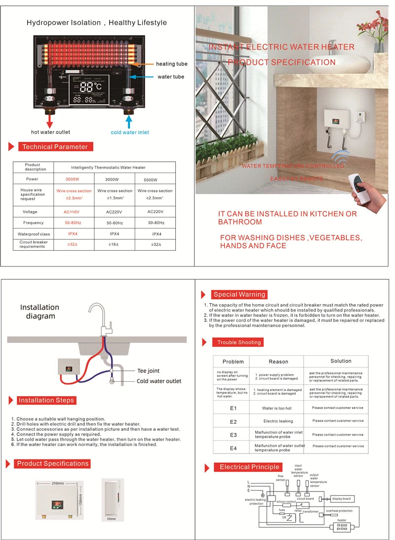 110V/220V Instant Water Heater 3000W/5500W Wall-Mounted Electric Heaters for Bathroom Hot Water Shower and Home Kitchen Heating