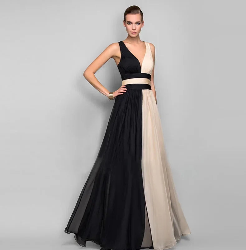 Elegant High Waist Maxi Dress Women Fashion Gradient Patchwork Black Party Evening Dresses Chic Sleeveless Pleated Long Vestdios