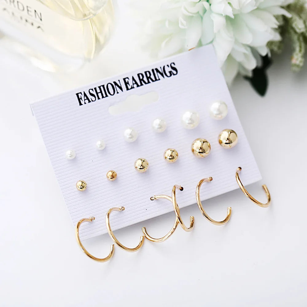 European and American cross-border new minimalist earrings wholesale creative minimalist retro pearl circle earring set 9 pairs