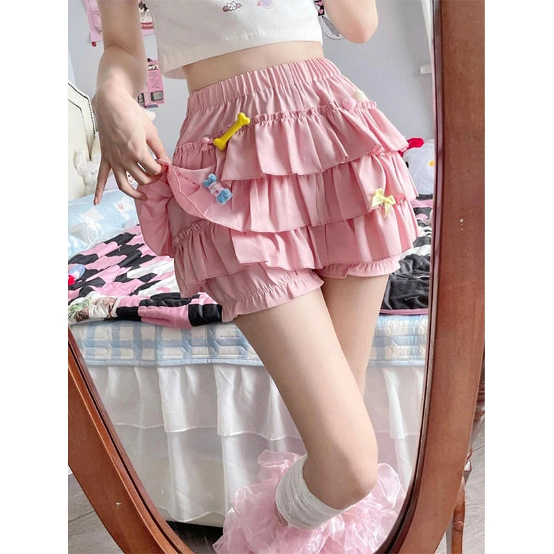 MEXZT Y2K Sweet Ruffles Mini Skirt Women Kawaii Lolita Bow A Line Skirts Harajuku Japanese High Waist Pink White Ball Gown Skirt