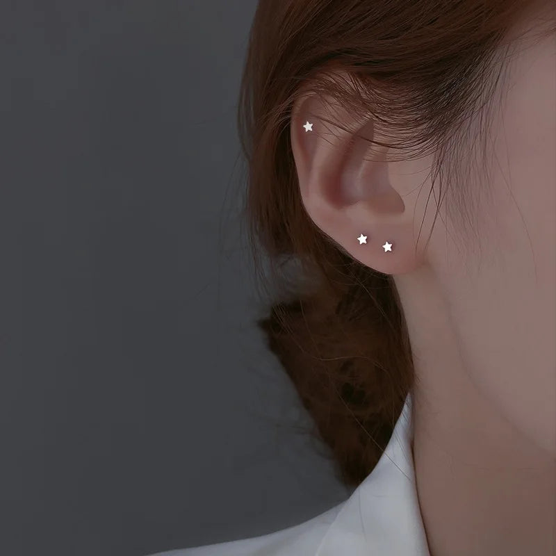 Tiny Minimalist Silver Plated Korean Mini Small Heart Stars Stud Earrings for Women Student Teen Simple Ear Piercing Jewelry