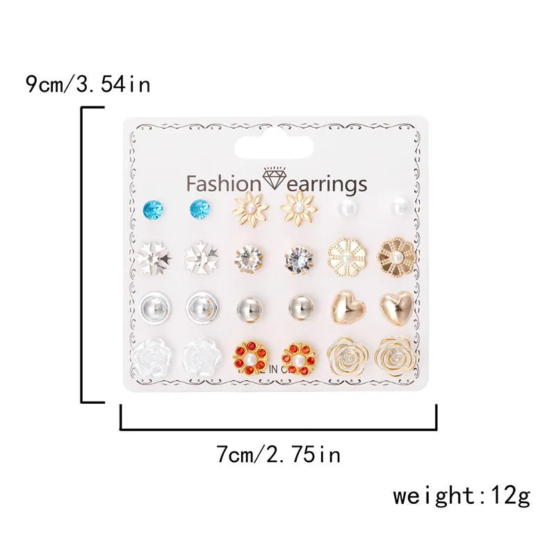 12 Pairs/Set Imitation Pearl Sun Star Flower Bow Heart Zircon Combination Paper Card Stud Earrings Set Fashion Geometric Earring