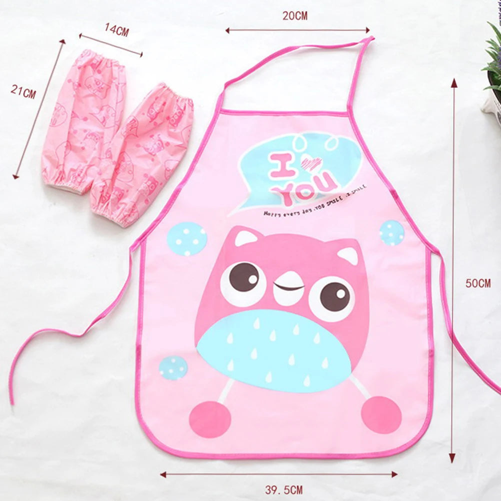 Cute Cartoon Children Apron Sleeves Chef Hat Pocket Set Kids Craft Art Kitchen Cooking Chef Suit Drink Food Baking Toys for 3-8Y