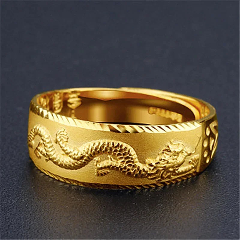 Gold 14 K Ring for Man Luxury Engraving Dragon Adjustable Ring Fashion Jewelry Male Two Color Yellow/White Gold Finger Ring Gift