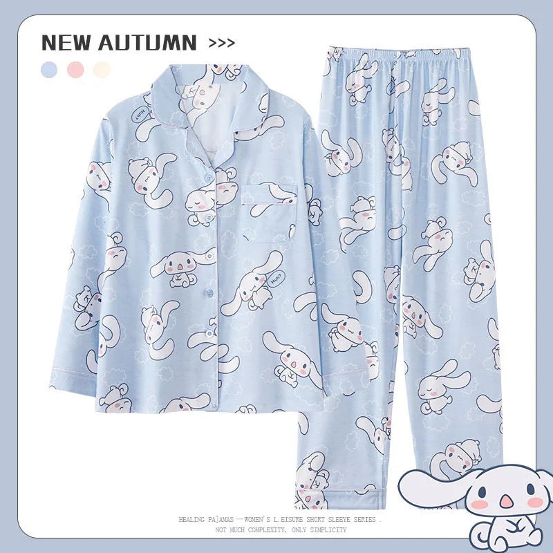 Sanrios Cinnamoroll Pajamas Women Spring Autumn Anime Hello Kittys Summer Long Sleeve Thin Cartoon Cute Home Clothes Suit Cotton