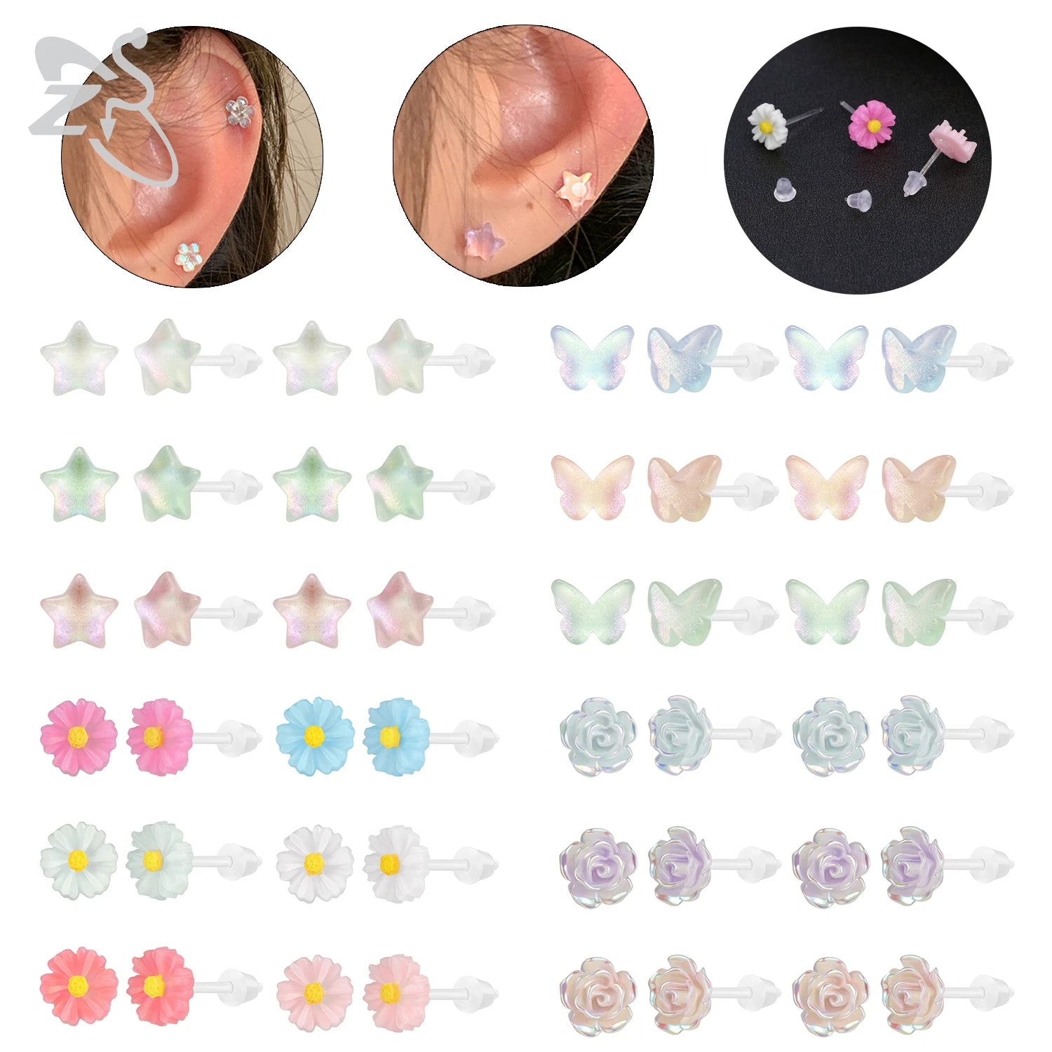 ZS 6 Pair/Lot Colorful Flower Acrylic Stud Earring Set For Women Girls Anti-allergy Ear Studs Cartilage Helix Piercing Jewelry