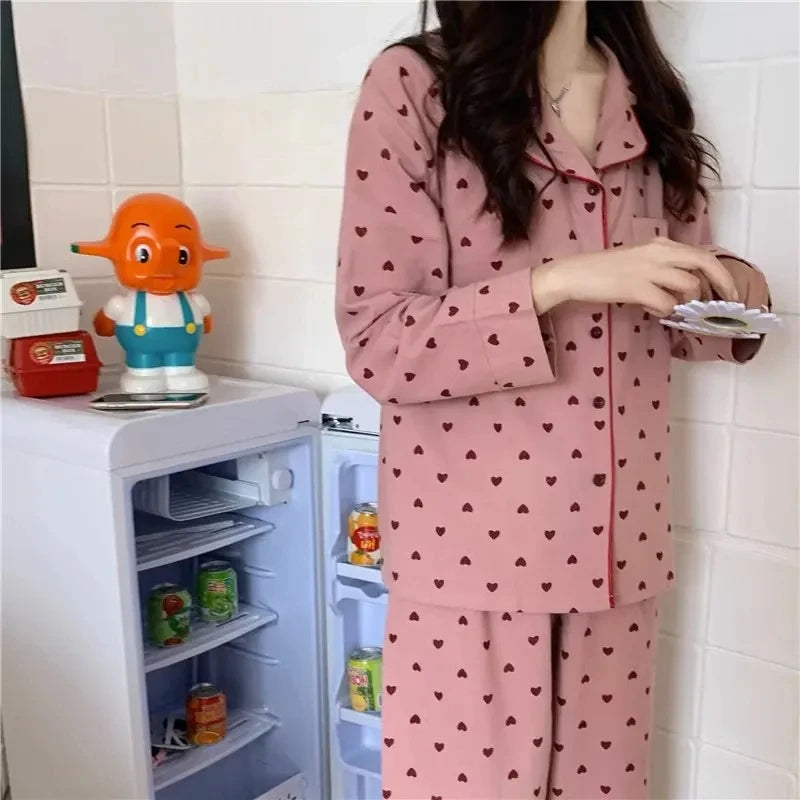 Large Size Sexy Nightwear Women Sleepwear Autumn and Winter Cardigan Home Wear Peach Heart Long Sleeves School Silk Pajamas