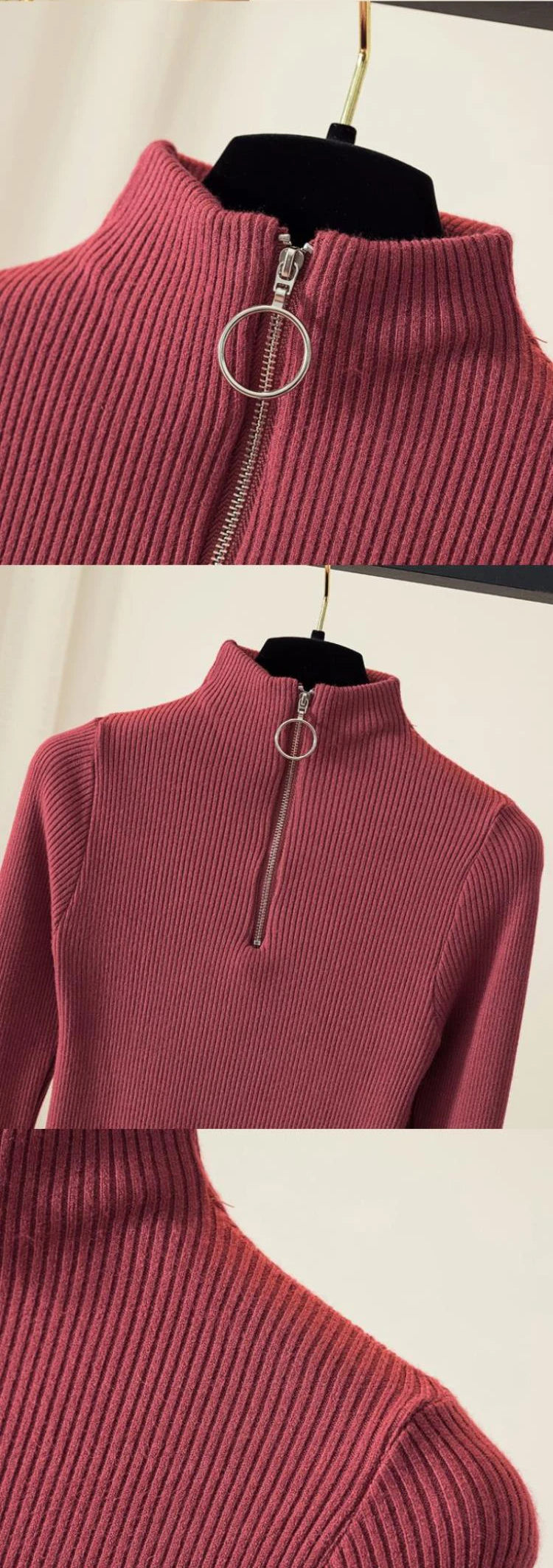 Knitted Women Zipper Half High Neck Sweater Pullovers Autumn Winter Basic Women Sweaters Slim Solid Knitwear Pull Femme Tops