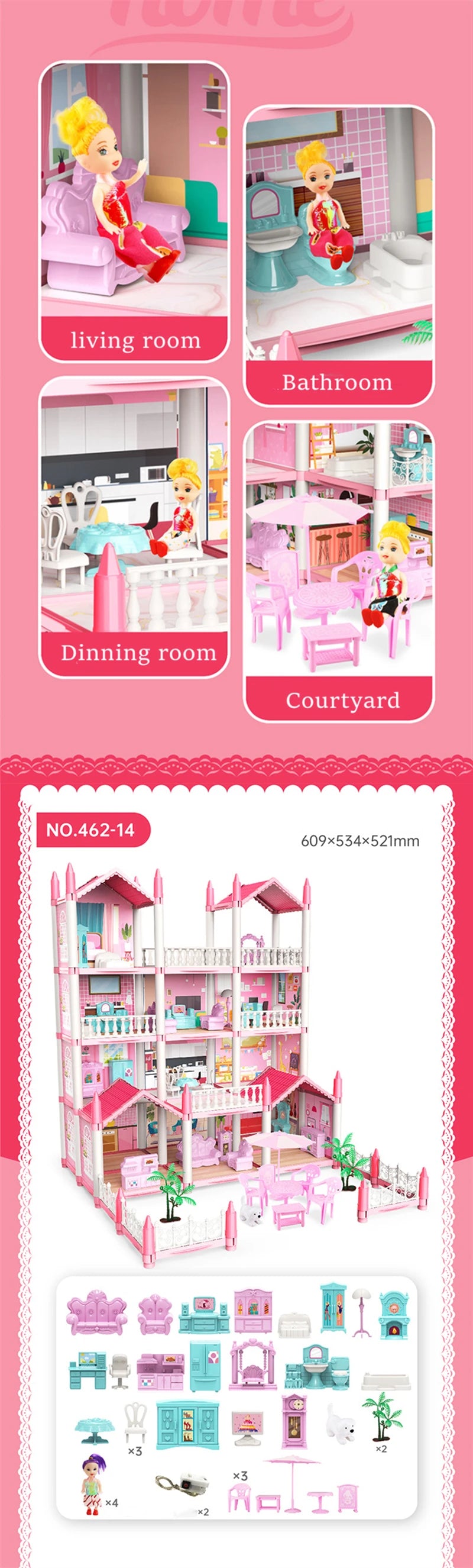 3D DIY Dream Princess Castle Villa Assembly Doll House Set Toy Girl Family Toy Children's Music Doll House Assembly Villa House