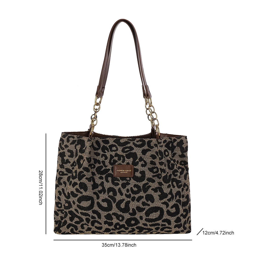 Women Shoulder Bag Leopard Print Canvas Handbag Multi-Pockets Underarm Bag for School Work Shopping