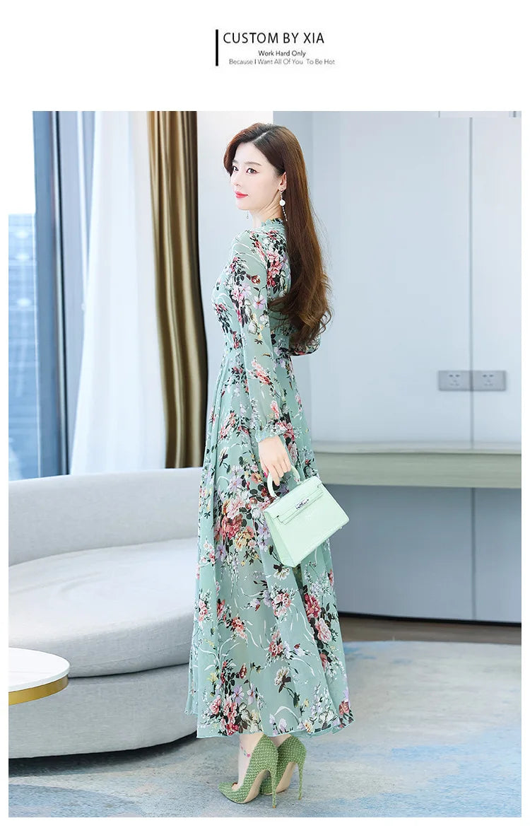 Spicy Mom Dress Chiffon Moms Korean Edition New Autumn and Winter Fragmented Flower Long Style New Long sleeved Medium Long UAFP