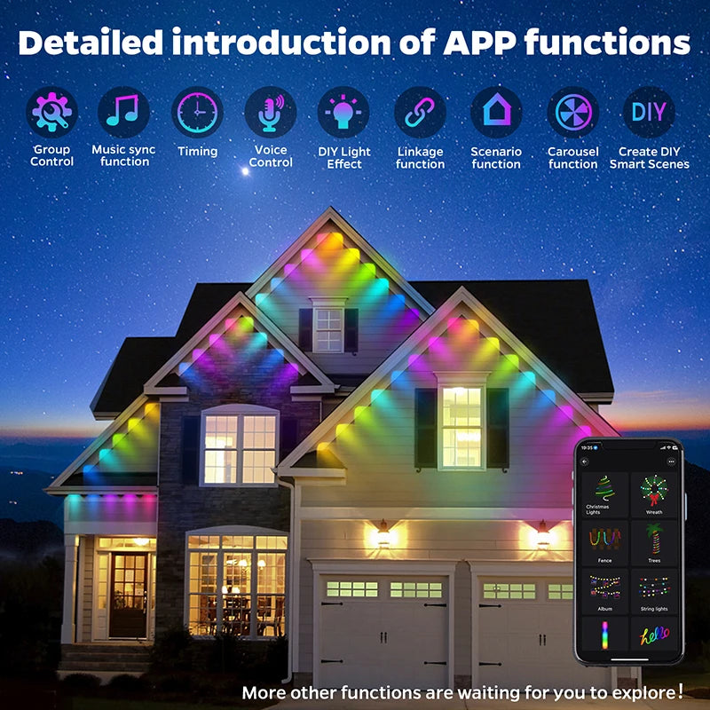 100FT 60 LED Permanent Outdoor Eaves LED Lights Waterproof RGB String Lights DIY Scene Christmas Birthday Holiday Party Lighting