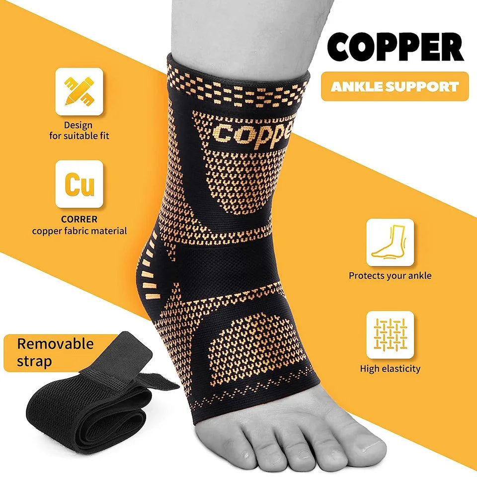 Adjustable Copper Compression Ankle Support Sleeve for Achilles Tendonitis, Plantar Fasciitis-Eases Swelling and Sprained Ankle