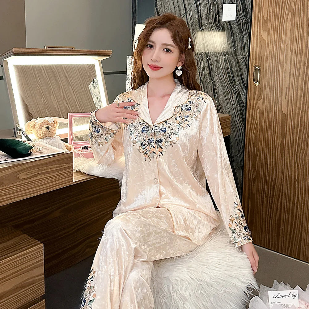 2024 Spring Autumn New Pajamas Women's Korean-Style Lapel Golden Velvet Top With Pants For Outer Wear Home Clothes