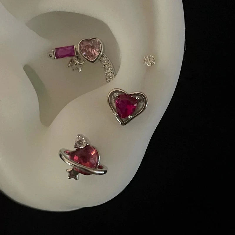 1 PC New Rose Red Color Zircon 316L Stainless Steel Ear Bone Nail Y2K Gothic Love Heart Small Earrings for Women Jewelry