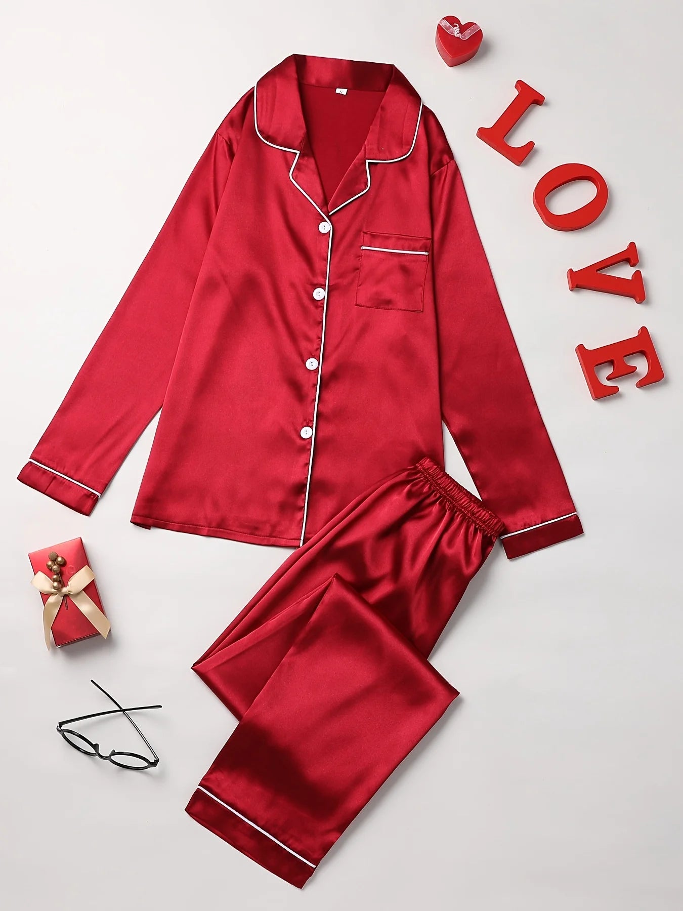 Solid Pajama Set Long Sleeve Button Up Lapel Top & Pants Pj Set Women's Sleepwear & Loungewear