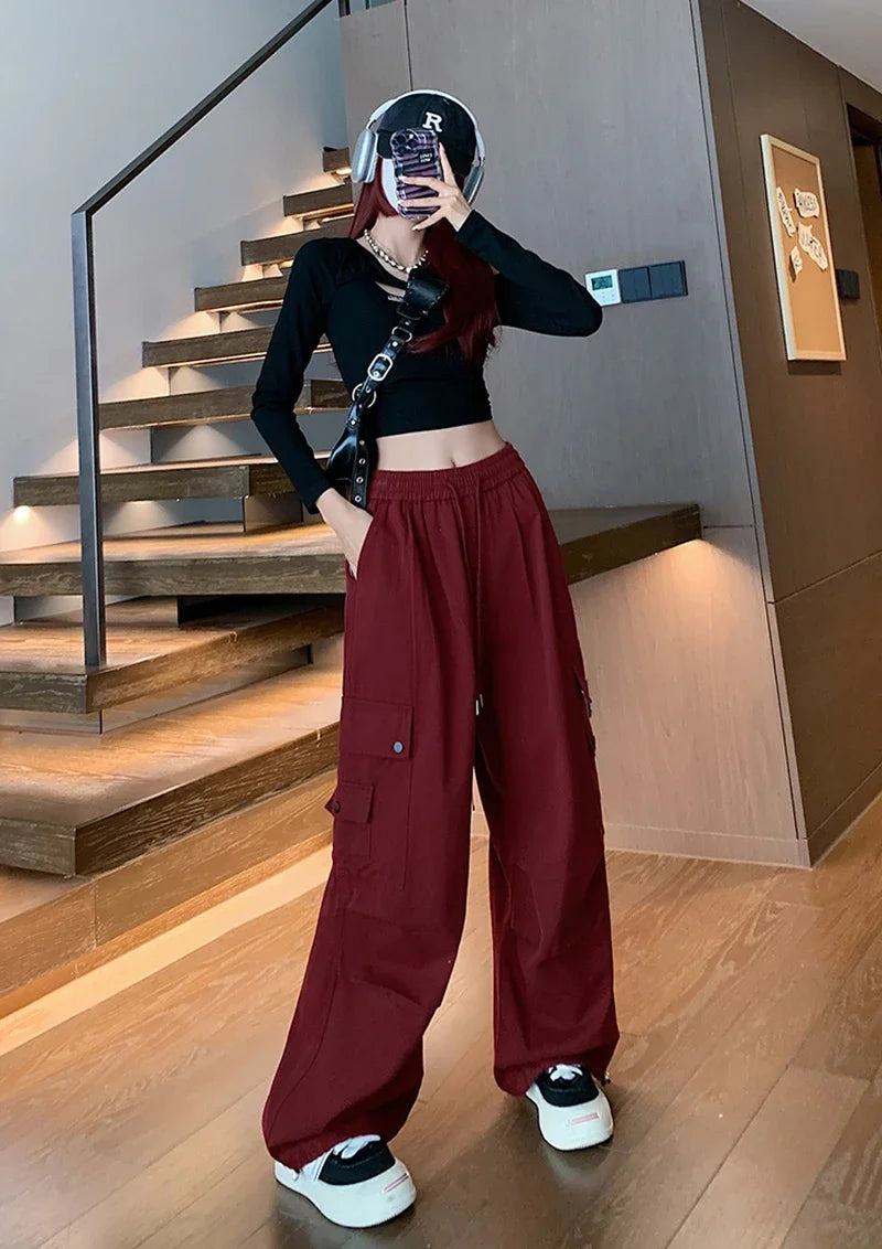 Y2K Cargo Pants Women Harajuku Oversized Sweatpants Black Pockets Wide Leg Joggers Streetwear High Waist Baggy Sports Trousers