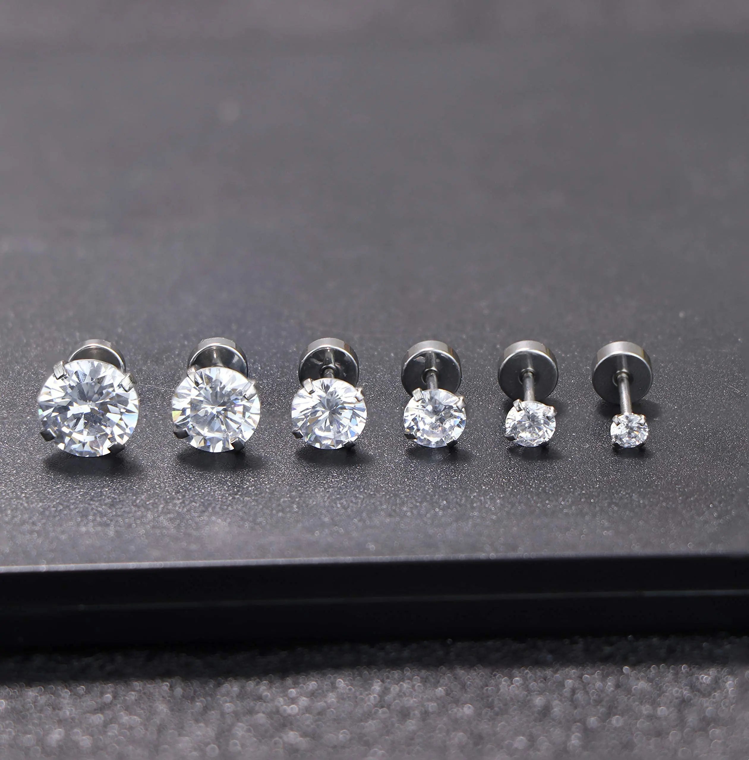 1/6 Pairs 18G Stainless Steel Ear Stud Piercing Barbell Studs Earrings Set Round Cubic Zirconia Inlaid Steel Size 2/4/5/6/8/10MM