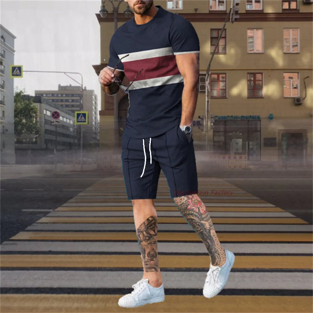 Fashion Men's Tracksuit 2 Piece Set Summer Stripe Sport Hawaiian Suit Short Sleeve T Shirt and Short Casual Fashion Man Clothing