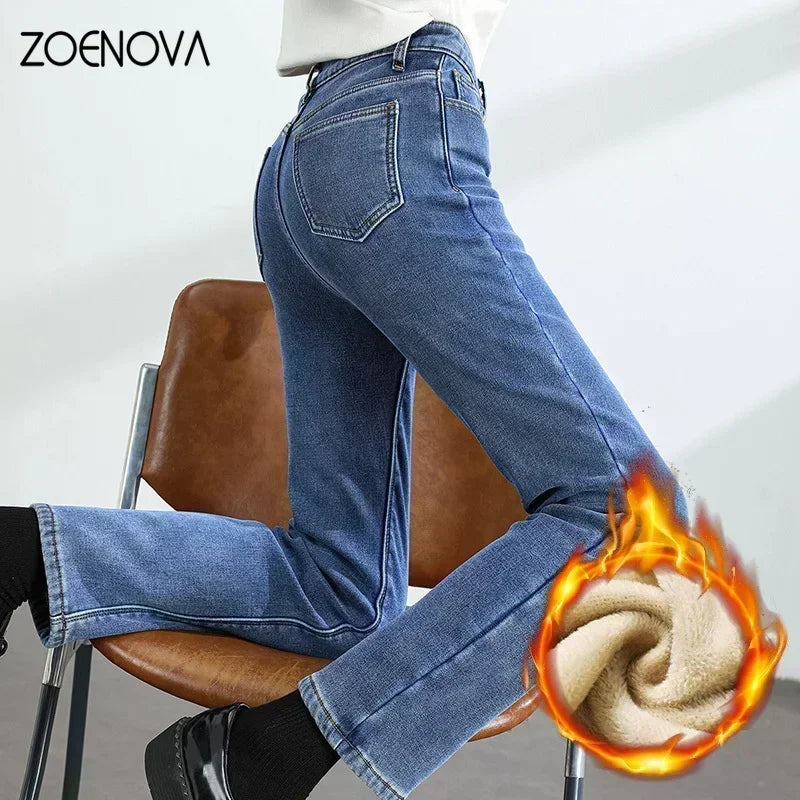 ZOENOVA Women's Winter Fleece Warm Jeans Retro Slim Straight Elastic Cotton Thickened Warm Denim Pants Fashion Female Clothing