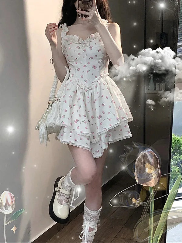 White floral camisole dress for summer spicy girl sexy pure and lustful with a slim waist and fluffy skirt sweet and spicy RZV5