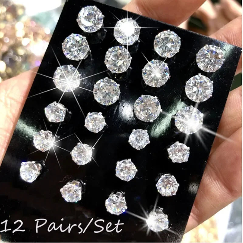 12 Pairs/Pack Shiny Zircon Stud Earrings Set for Women Men Daily Versatile Chic Silver Color Crystal Ear Jewelry Accessories