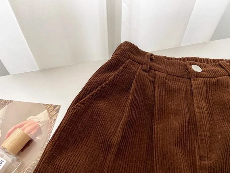 Retro High Waist Corduroy Pants Women Spring Fall Straight Causal Full Length Trousers Korean Fashion Baggy All Match Black Pant