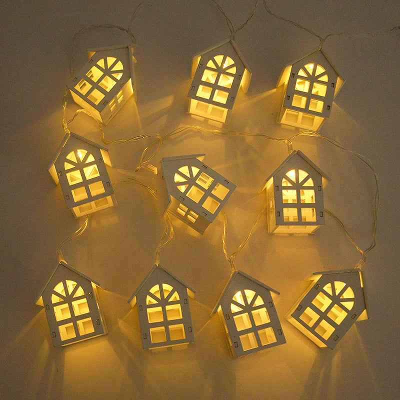 2M 10LED Christmas Wooden House LED Fairy Light String 2025 New Year Home Hanging Garland Xmas Tree Ornaments Decoration Lamp