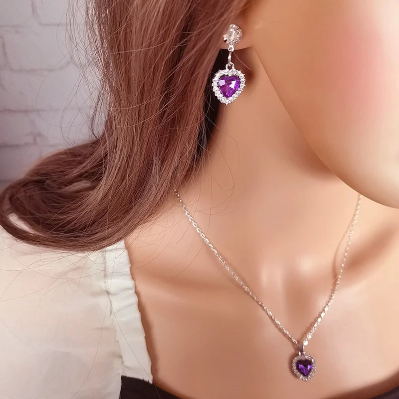 1 Set Crystal Heart Pendants Necklaces and Drop Earring for Women Wedding Bride Fashion Jewelry