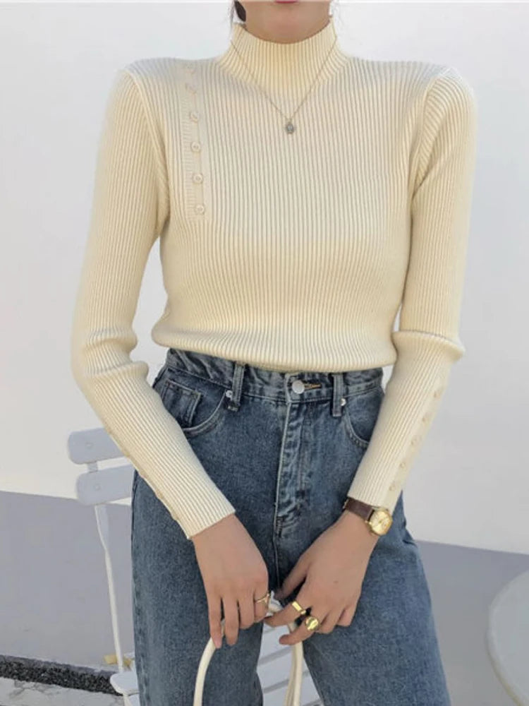 Women Knitted Sweater Long Sleeve Button Turtleneck Slim Pullovers for Autumn Winter Female Sweaters Soft Warm Bottoming Tops