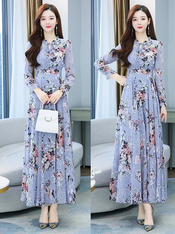 Spicy Mom Dress Chiffon Moms Korean Edition New Autumn and Winter Fragmented Flower Long Style New Long sleeved Medium Long UAFP