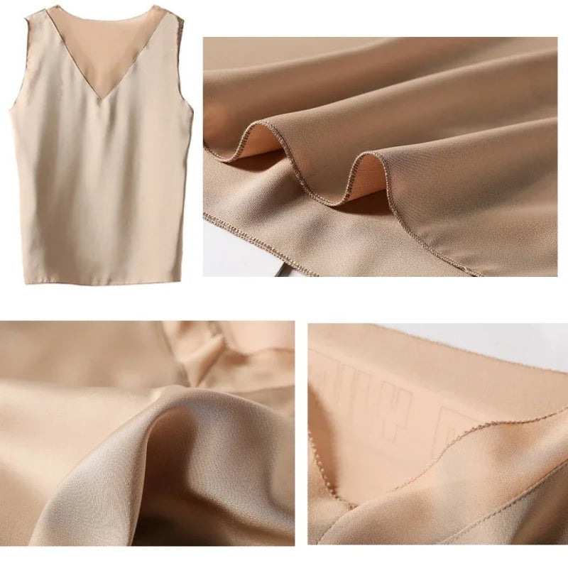 V-Neck Silk Vest Women's Summer Sleeveless Blouse With Acetic Acid Satin Top Sleeveless Bottoming Shirt