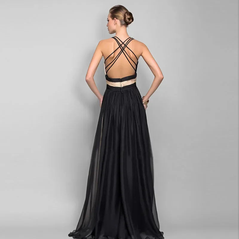 Elegant High Waist Maxi Dress Women Fashion Gradient Patchwork Black Party Evening Dresses Chic Sleeveless Pleated Long Vestdios