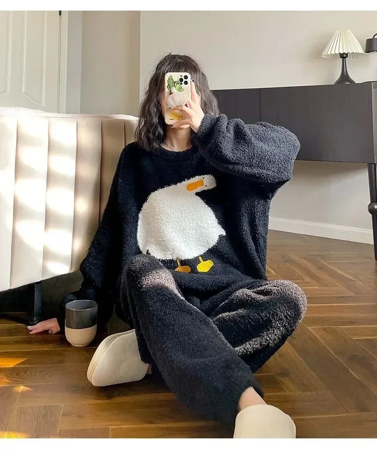 For Cute Flannel Velvet O-neck Women Clothes Pijamas Winter Home Clothing Comfortable Duck Fashion Pajamas Set Casual