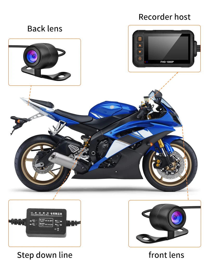 ACODO 1080P Waterproof Motorcycle Camera DVR Motorcycle Dashcam 3 Inch Front & Rear Camera Video Recorder Black Night Vision Box