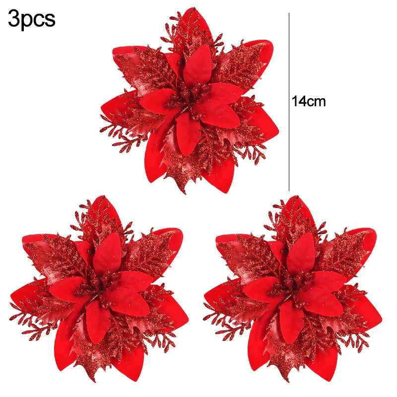 3/10pcs 14cm Christmas Flowers Glitter Red Gold Flower Head Xmas Tree Ornament New Year Decorations for Home Navidad Noel Gifts