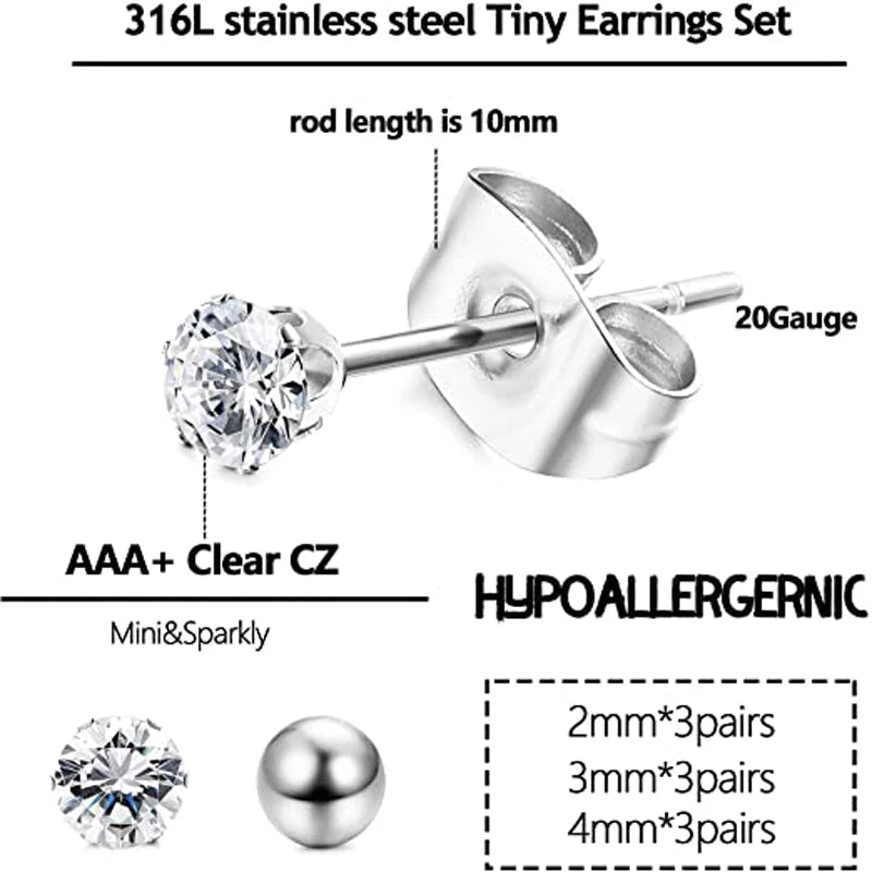 1 Pair/18 Pairs Hypoallergenic Small Stud Earrings Women Men Stainless Steel Ball Stud Earrings Set Cartilage Piercing Jewelry