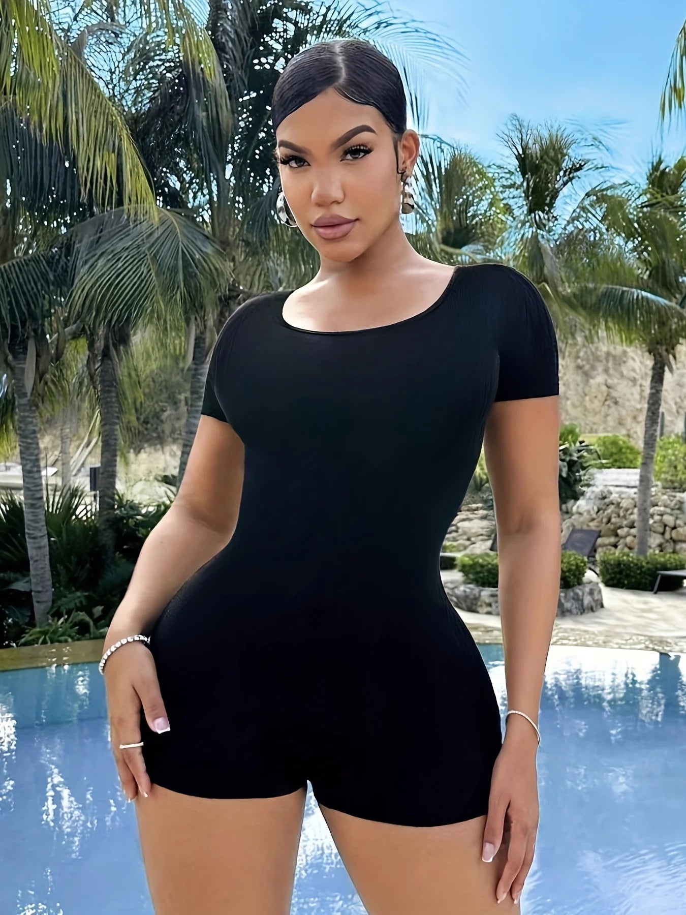 Women's Summer New Black Fashionable Round Neck Short Sleeved Strapless One-Piece Shorts High Stretch  Jumpsuit