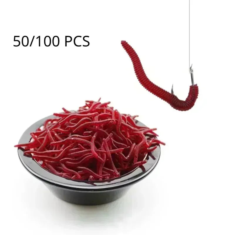 50/100PCS Soft Lure Bass Bream Bloodworm Fishing Earthworm Worm Rubber Red Worms Baits Fishy Smell Realistic Tackle