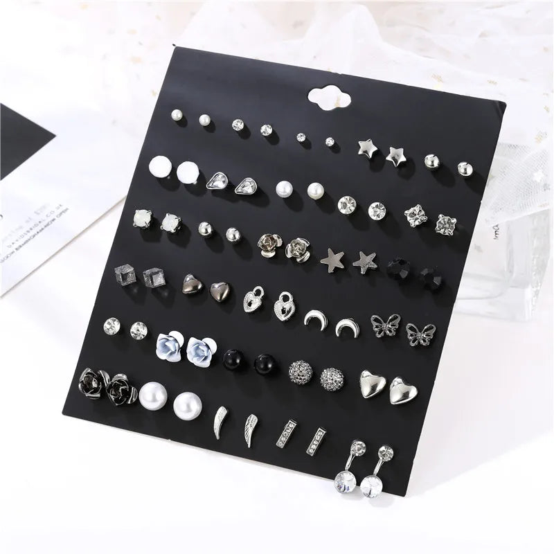 New Design 30Pairs/lot Mixed Crystal Small Stud Earrings Sets For Women Girl Heart Flowers Moon Ear Jewelry Accessories