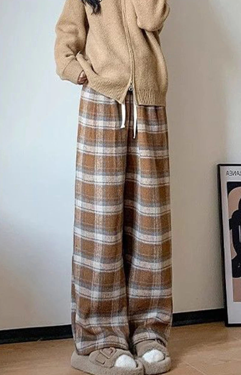 Vintage Plaid Padded Thick Pants Women Fall Winter Warm High-Waisted Casual Straight Wide-Legged Pants Hip-Hop Y2K Trousers