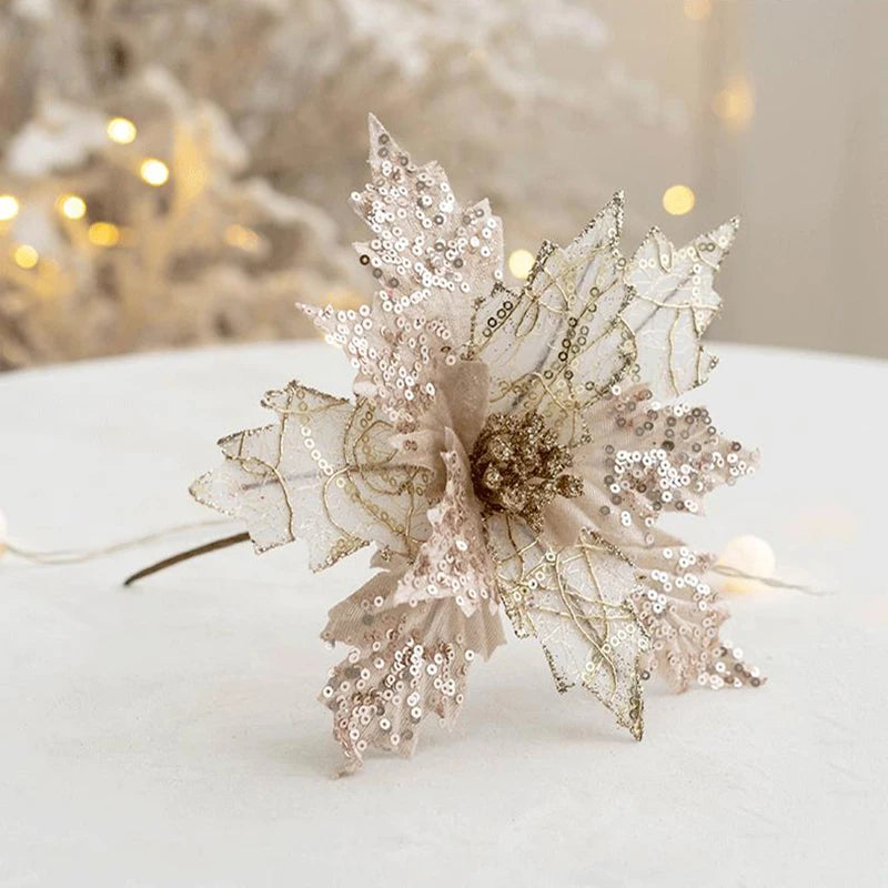 1PC Glitter Artificial Christmas Flowers Christmas Tree Decorations Home Fake Flowers Christmas Ornaments New Year Decorations