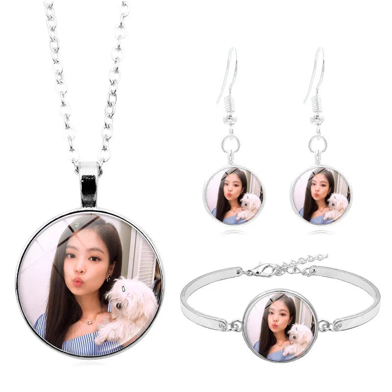 Korean Girls Group ROSE LISA JISOO JENNIE Trendy Fashion Kpop Jewelry Necklace Baracelet Earrings Set for Woman Girl Friend Gift