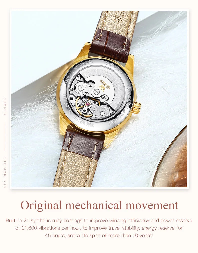 OLEVS Automatic Mechanical Skeleton Watch for Women New Casual Leather Strap Waterproof Elegant Women's Wristwatches Reloj Mujer