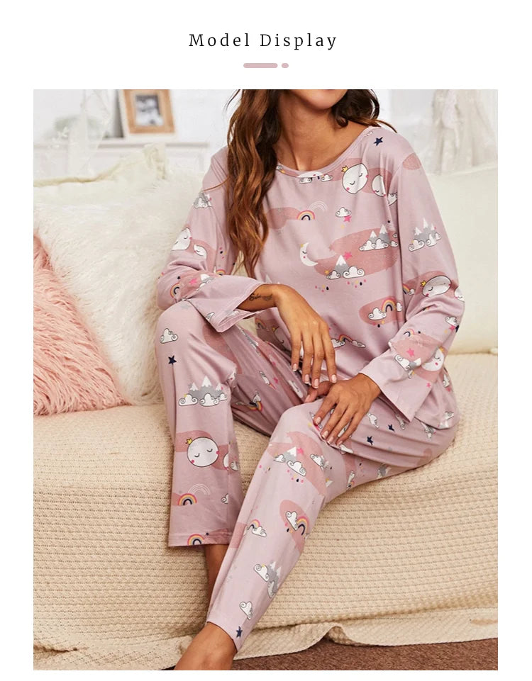 Autumn women's printed pure cotton sleepwear set with round neck long sleeved pants casual  comfortable two piece home suit set