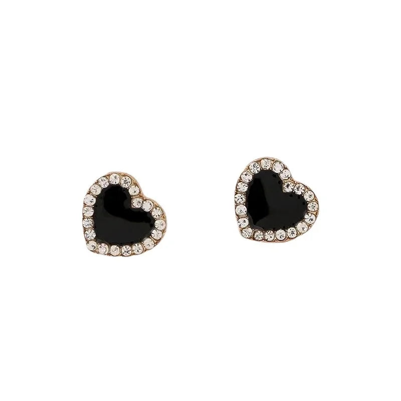 Korean Style Zircon Black Resin Heart Ear Studs for Women Elegant Luxury Geometric Earrings 2024 Fashion Trends Jewelry Gifts