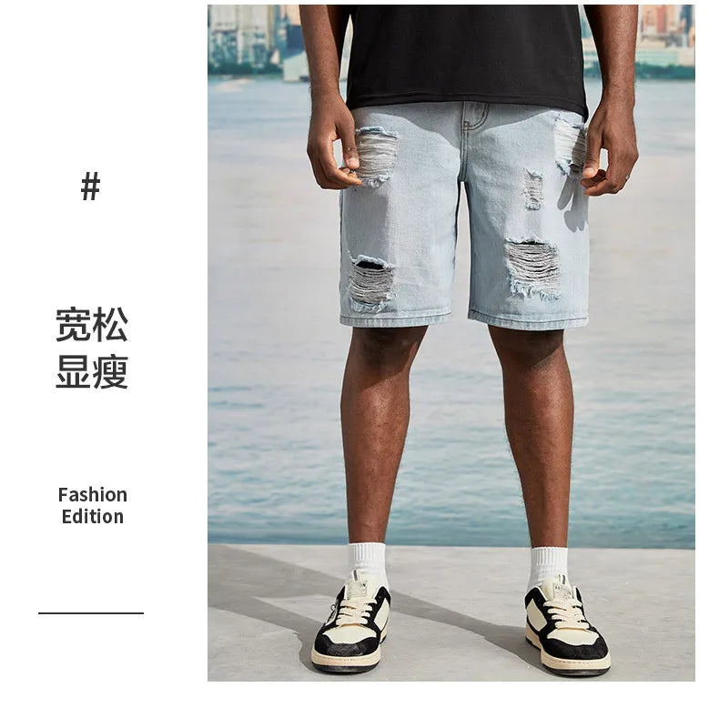 New Men's Korean-style Casual Ripped Denim Shorts, Street Handsome, Loose Straight-leg, Large-size Five-point Pants.