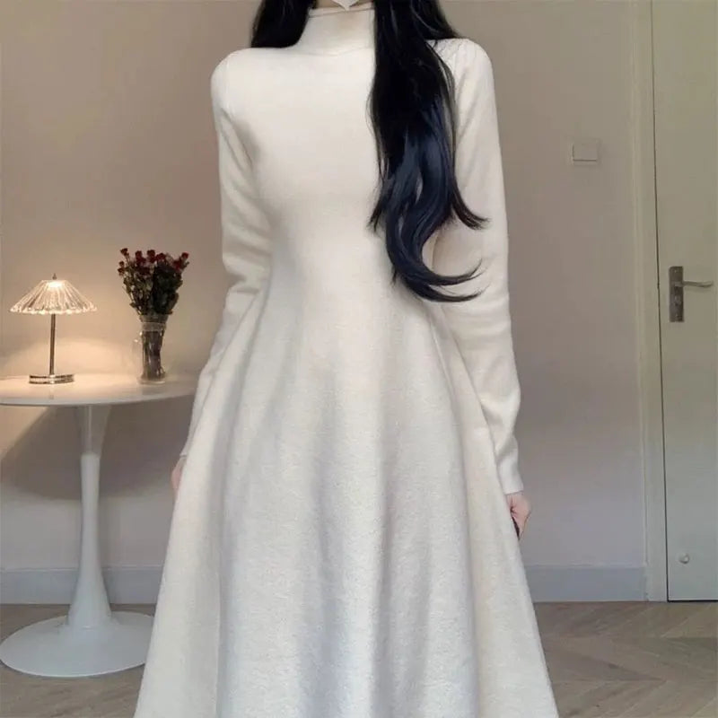 Solid Half High Collar Long Sleeve Jersey Dress Loose Casual Sweat All Match A-line Skirt Elegant Fashion Harajuku Wool Dress