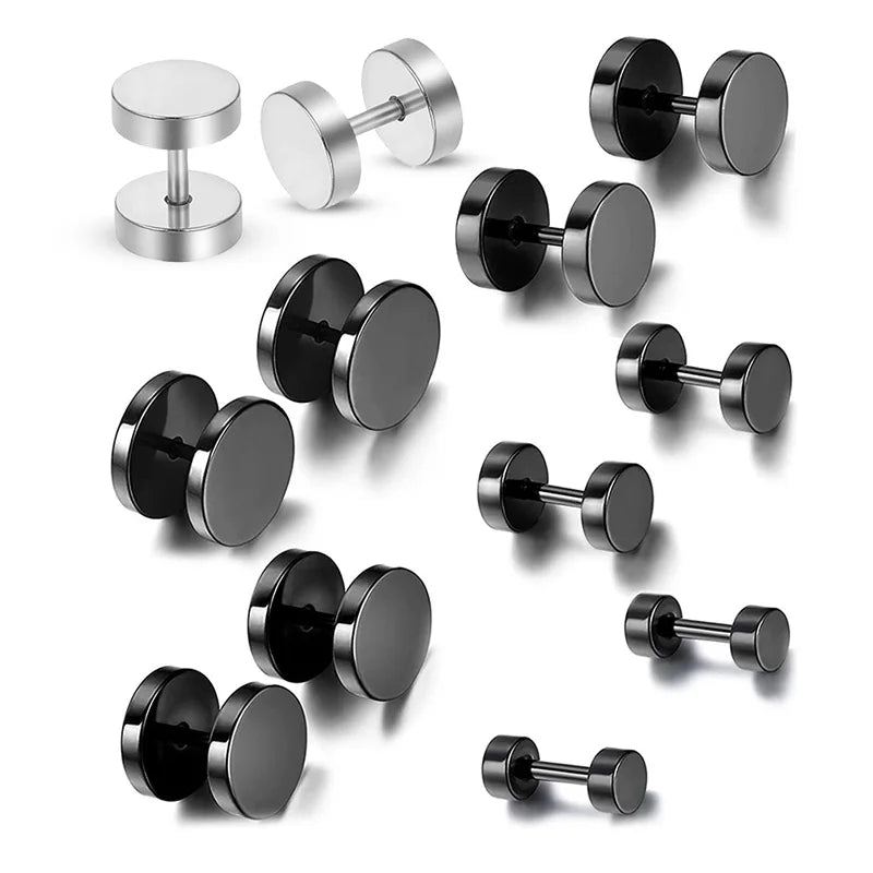 5pcs Man Women Barbell Punk Gothic Stainless Steel Ear Stud Earrings Black Dumbbell Screw Fake Cheater Ear Plug Piercing Jewelry